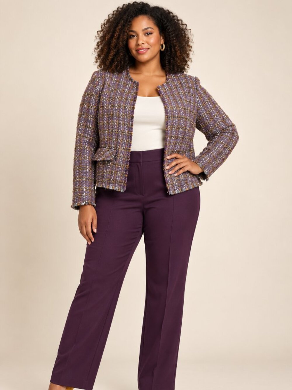 Cato Women’s Large Purple Multicolor Tweed Fringe Jacket